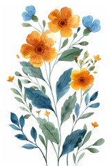 Vibrant Orange and Blue Flowers Watercolor Painting