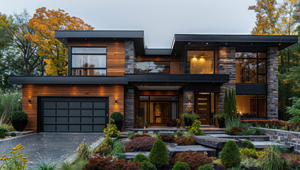 A stunning modern home with large windows, stone accents and wood cladding in the Montreal autumn season, highlighting its elegant architecture. Created with Ai