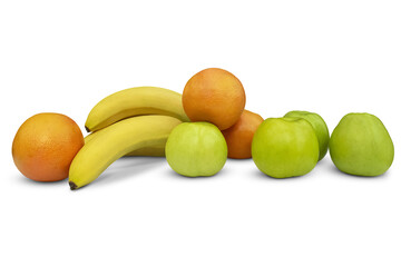 Fruit assortment. Apples, bananas and citrus fruits lying together. Isolation on a transparent background.