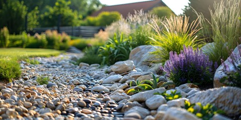 Lush and Vibrant Rain Garden Landscape with Diverse Flora and Natural Elements for Sustainable Gardening