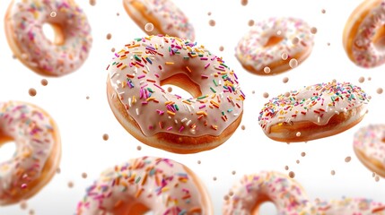 Donuts with sprinkles flying on transparent background. PNG. sweet doughnut fly on white background