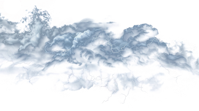 Black storm clouds with lightnings and smoke isolated on transparent background