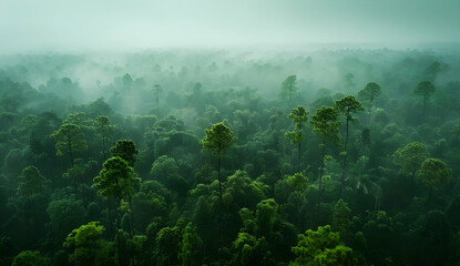 A dense rainforest canopy shrouded in mist, with trees reaching towards the sky