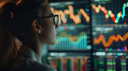 Financial and business investment concept. Finance trade woman manager analyzing stock market indicators for best investment strategy, financial data and charts