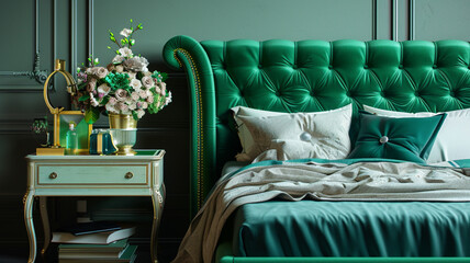 A luxurious emerald green bed with a tufted headboard and a elegant bedside table.