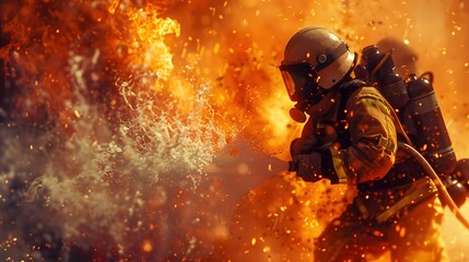 fireman using water and extinguisher to fighting with fire flame in an emergency situation., under danger situation all firemen wearing fire fighter suit for safety. digital ai art