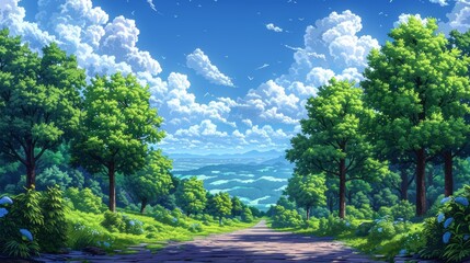 A pixelated forest background with vibrant green trees, pixelated clouds in a blue sky, and a winding path leading into the distance.