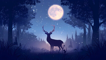 A deer standing in the forest at night with moonlight