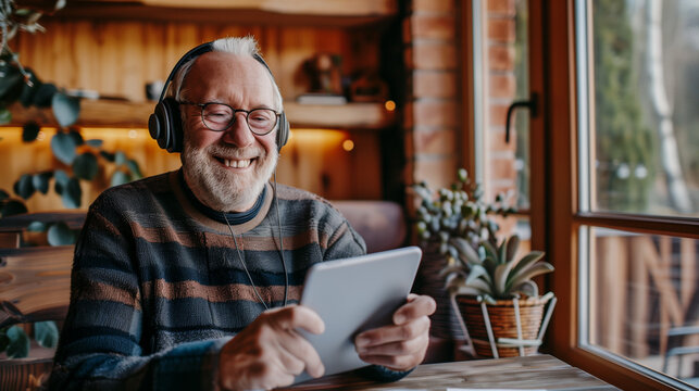 Happy senior man using tablet and headphones to watch video online in a modern cafe.