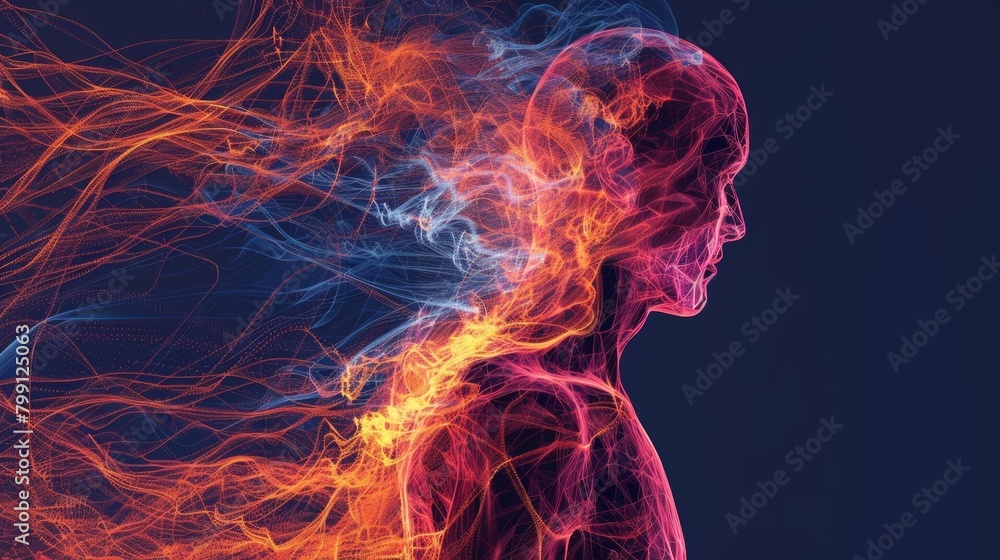 Poster a visualization of the bodys natural response to heat with areas of increased flow highlighted in br