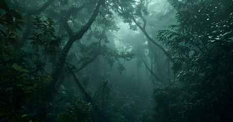 the dense jungle, dark and mysterious, with a foggy atmosphere