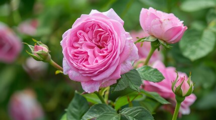 A blooming pink rose in the garden