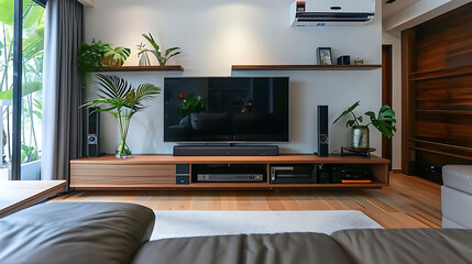 streamlined tv area with wall - mounted entertainment console featuring black speakers, wood shelve