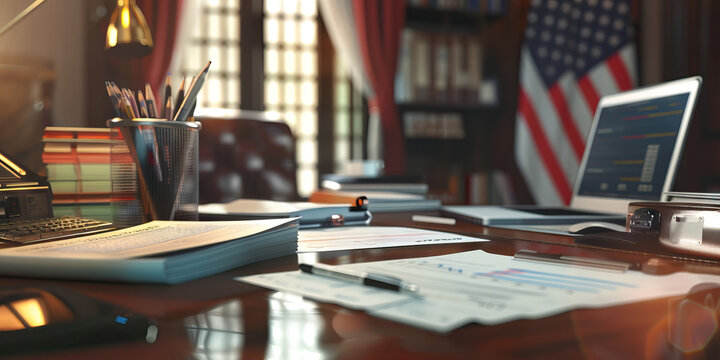 Close-up of a museum registrar's desk with artifact catalogues and loan agreements, showcasing a job in museum registration