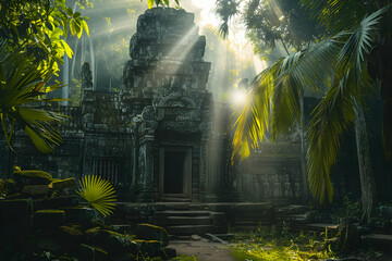 A mystical ancient temple hidden in the jungle, bathed in rays of sunlight filtering through dense foliage