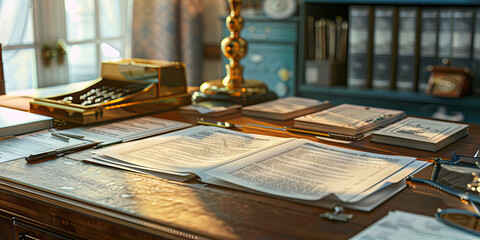 Close-up of a museum registrar's desk with artifact catalogues and loan agreements, showcasing a job in museum registration