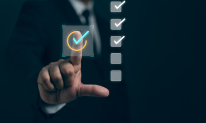 Businessman touching hand select online check survey filling out, digital form checklist satisfaction questionnaire, feedback report result of voting client. Business performance monitoring concept.