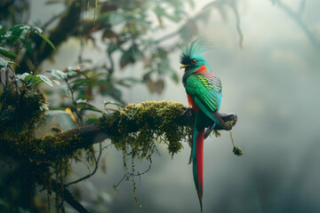 Obraz premium A colorful quetzal bird perched on the moss-covered branch of an ancient tree, surrounded by misty rainforest foliage
