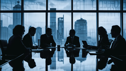 Silhouettes of business professionals engaged in a meeting with a panoramic cityscape in the background through large windows.
