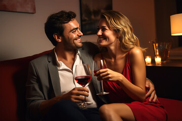 man and woman hold red wine on background