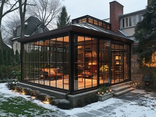 A large glass house with a fireplace and a balcony. The house is surrounded by a snowy landscape