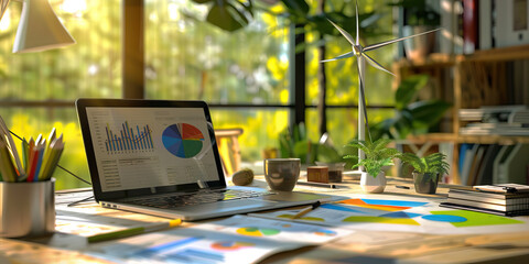 Close-up of a renewable energy consultant's desk with energy efficiency reports and renewable energy proposals, representing a job in renewable energy consulting
