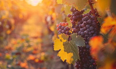 Ripe red grapes hang in a cluster from a vine in a sunny vineyard