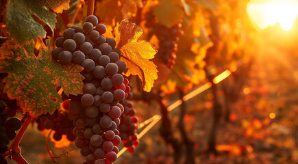 Ripe red wine grapes hang in clusters among green leaves in a vineyard during autumn