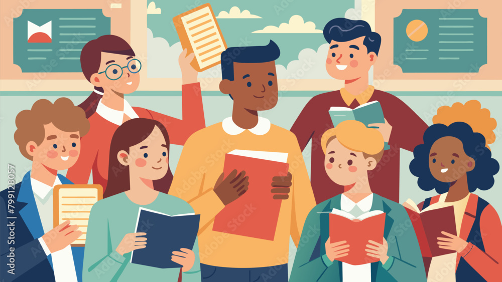 Poster a group of students sit in a classroom each holding a copy of the constitution as they engage in a l
