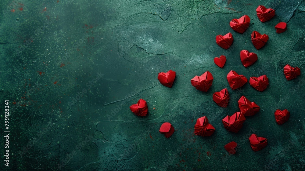 Poster a green background with a large number of red hearts scattered across it. the hearts are made of pap