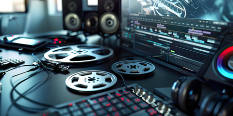 Close-up of a film editor's desk with editing software and film reels, symbolizing a job in film editing