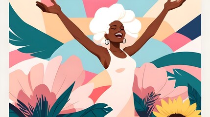 Illustration of a white-haired African American woman floating above a large flower, raising her arms in celebration. Simple, energetic and happy. Generative AI