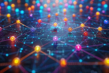 A net of multicolored nodes connected by lines illustrating a digital concept of a network