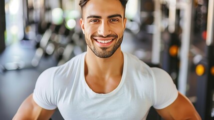 Handsome man exercising and performing strength training on a variety of gym workout machines