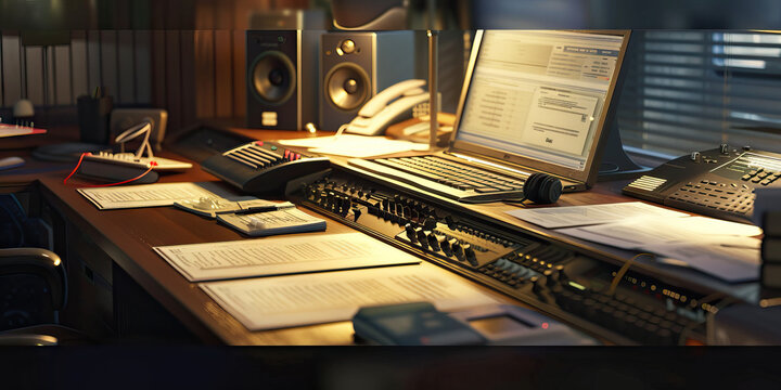 Close-up of a voice actor's desk with script excerpts and vocal warm-up exercises, representing a job in voice acting