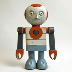 Colorful Toy Robot with Red, White, Blue, and Orange Design on White Background