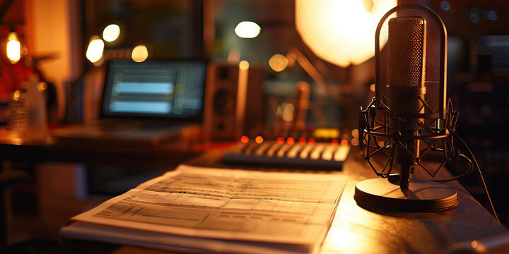 Close-up of a voice actor's desk with script excerpts and vocal warm-up exercises, representing a job in voice acting