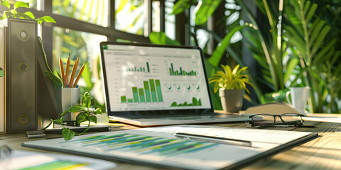 Close-up of a sustainability analyst's desk with environmental impact assessments and sustainability reports, showcasing a job in sustainability analysis