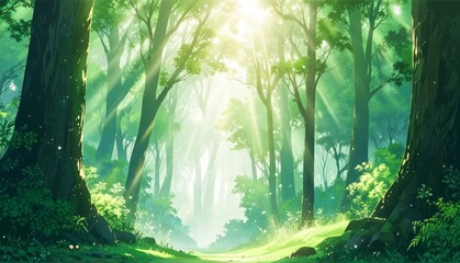 Anime landscape with sunbeams coming through the trees of the forest - Fantasy scenery of sunlight in the forest