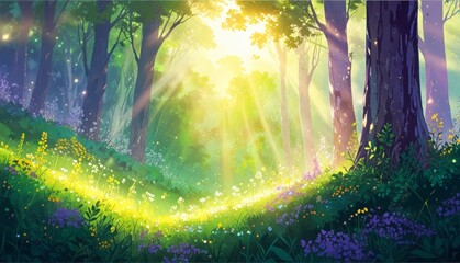 Anime landscape with sunbeams coming through the trees of the forest - Fantasy scenery of sunlight in the forest