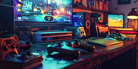 Close-up of a video game tester's desk with gaming consoles and bug tracking software, symbolizing a job in video game testing