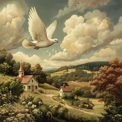 Serene Dove Flying Towards Sunlight Over Flower Field and Church