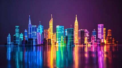 Digital illustration of a vibrant city skyline with neon colors and reflections on water, symbolizing urban energy and technology.
