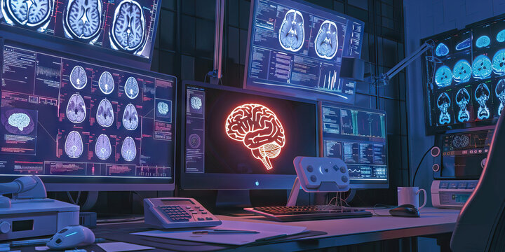 Close-up of a neuropsychologist's desk with cognitive assessment tools and brain imaging scans, illustrating a job in neuropsychology.