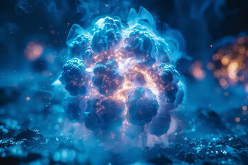 Close-up image of a glowing blue bioluminescent microscopic organism on a dark backdrop