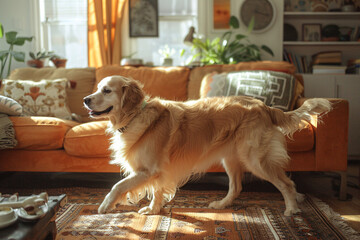 A golden retriever walking through a living room, happy dog