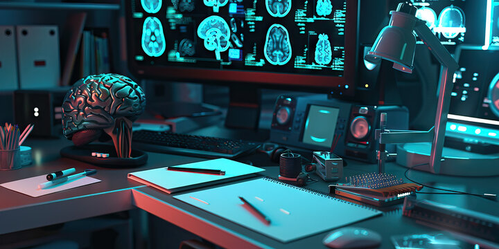 Close-up of a neuropsychologist's desk with cognitive assessment tools and brain imaging scans, illustrating a job in neuropsychology.