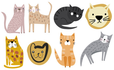 Various cute cats. Hand drawn vector set. Flat illustration. All elements are isolated