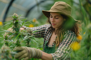 A woman working at commercial marijuana plantation, checking the plants, cannabis legalization concept