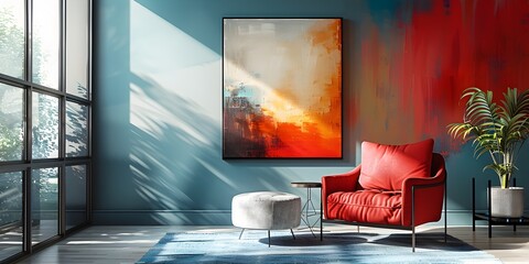 Stylish modern living room with abstract art painting and cozy furniture in a bright contemporary home decor setting